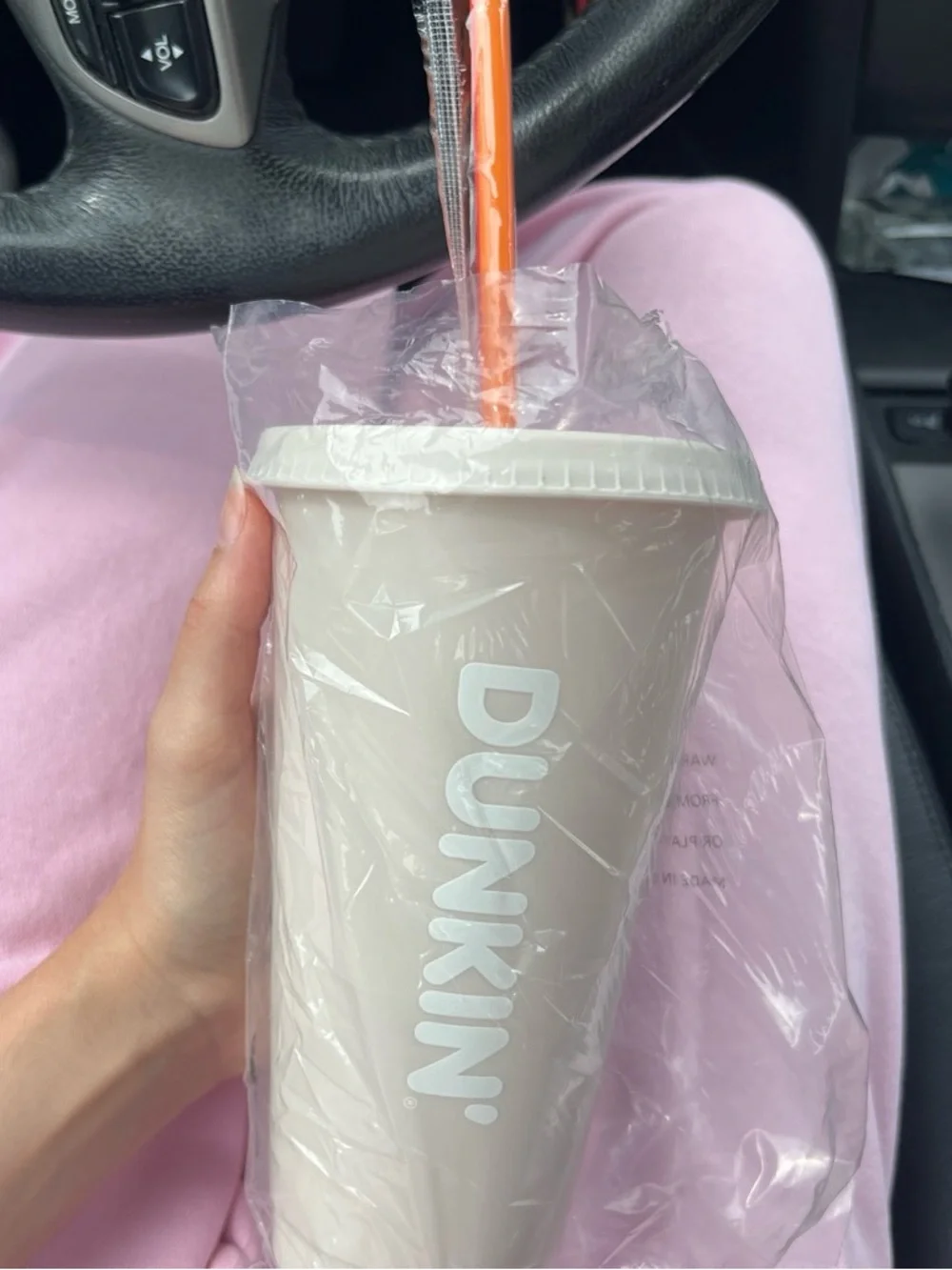 Parke Dunkin White Cream Tumbler with Pink and Red Logo and Orange Straw